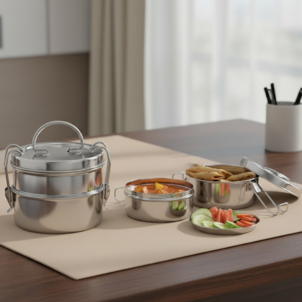 Vinod Stainless Steel Lunch Tiffin with 2 Compartments - 7 Inch Size, side view