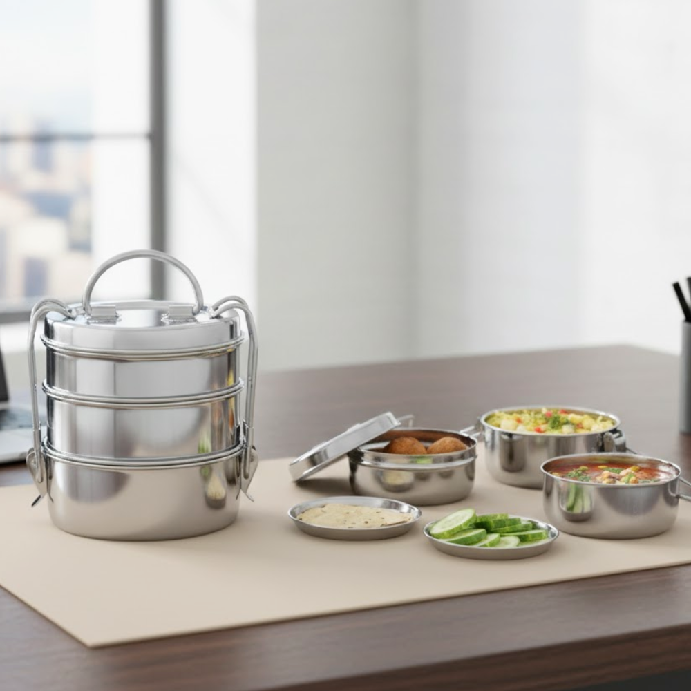 Vinod stainless steel lunch tiffin, 7 inch, 3 compartment design, inner view