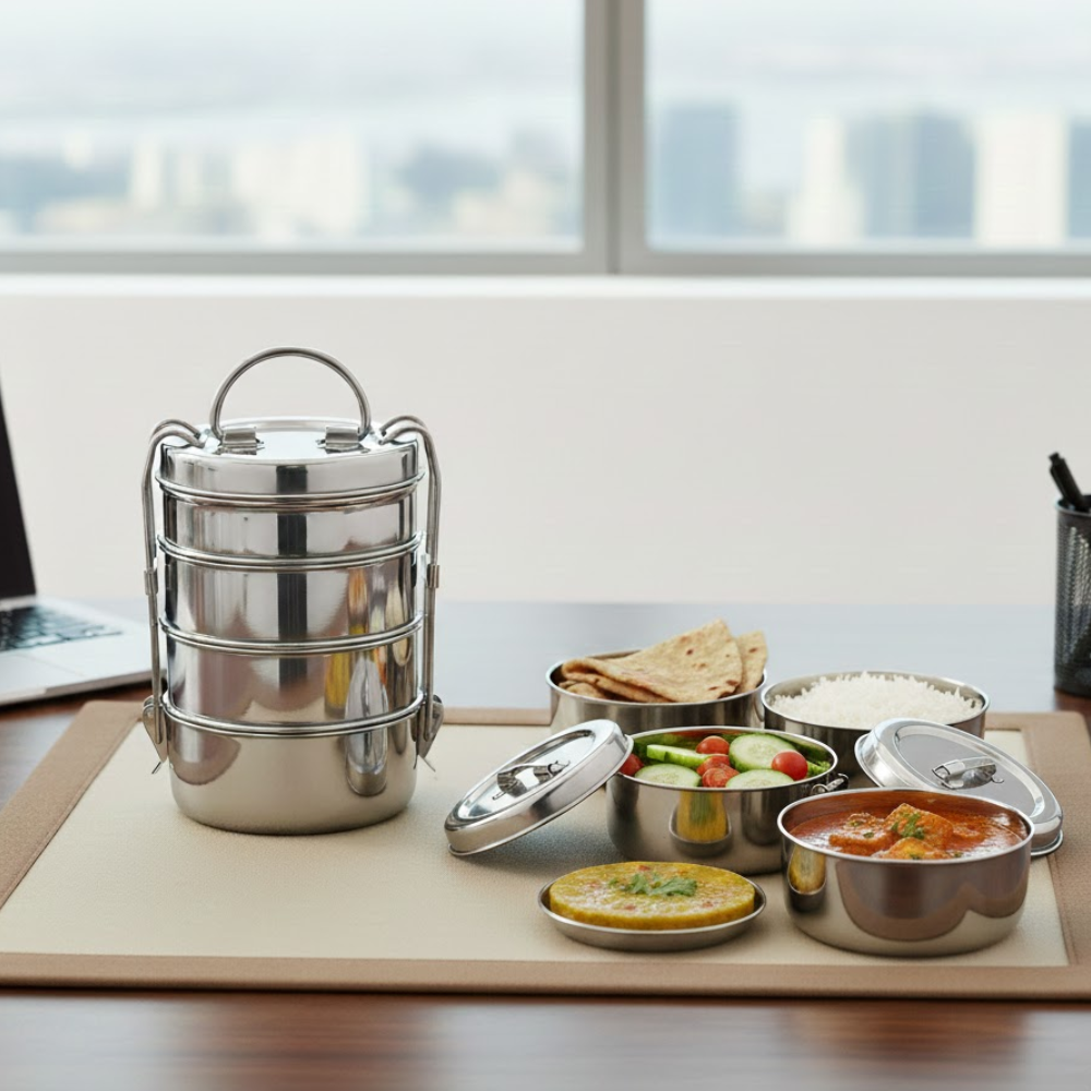 Vinod stainless steel lunch tiffin set, 7 inch, 4 compartment design, side view
