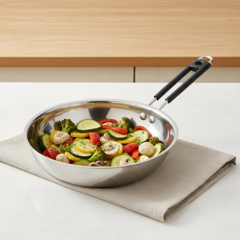 Vinod Royal heavy bottom stainless steel fry pan, 22 cm, with soft touch handle, front view