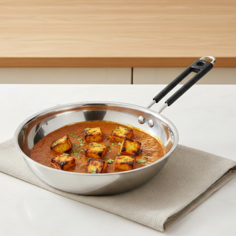 Vinod Royal heavy bottom stainless steel fry pan, 20 cm, with soft touch handle, front view