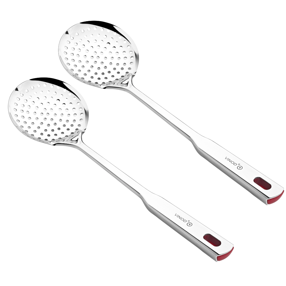 Vinod Queens heavy gauge stainless steel perforated jhara skimmer set of 2, 36.5 cm, side view