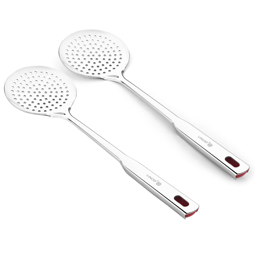 Vinod Queens heavy gauge stainless steel perforated jhara skimmer set of 2, 38.5 cm, side view