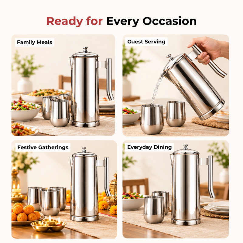 VINOD Pyramid Plain Stainless Steel Water Jug 1750 ml with Lid – Premium Serving Jug for Dining Table & Home
