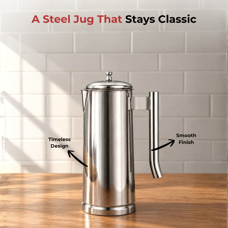 VINOD Pyramid Plain Stainless Steel Water Jug 1750 ml with Lid – Premium Serving Jug for Dining Table & Home