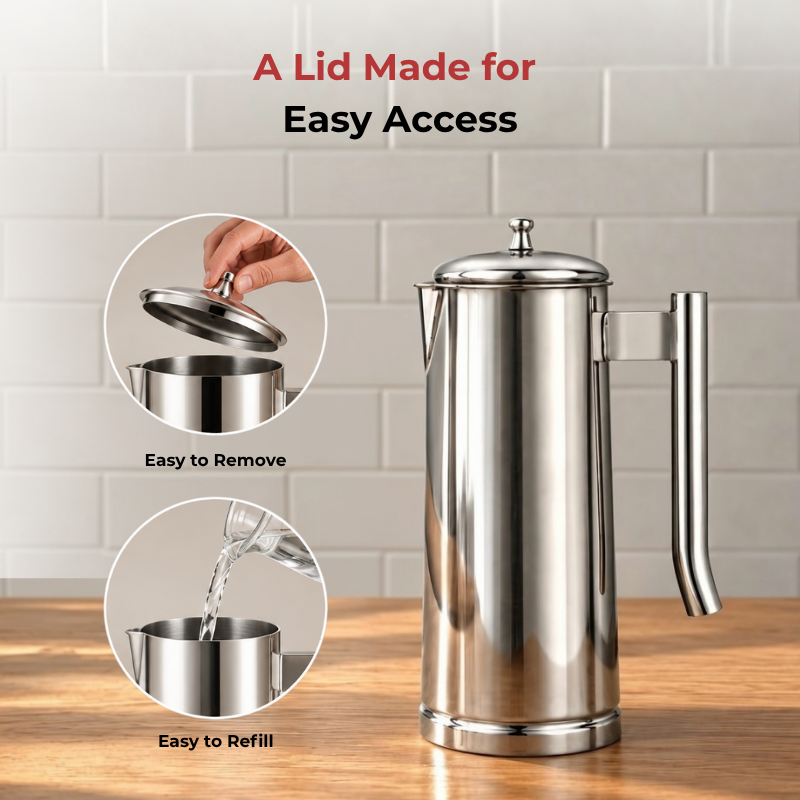 VINOD Pyramid Plain Stainless Steel Water Jug 1750 ml with Lid – Premium Serving Jug for Dining Table & Home