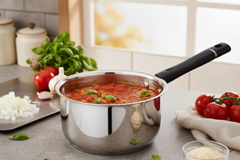 Vinod premium heavy gauge stainless steel sauce pan, 1800 ml, No. 12, side view
