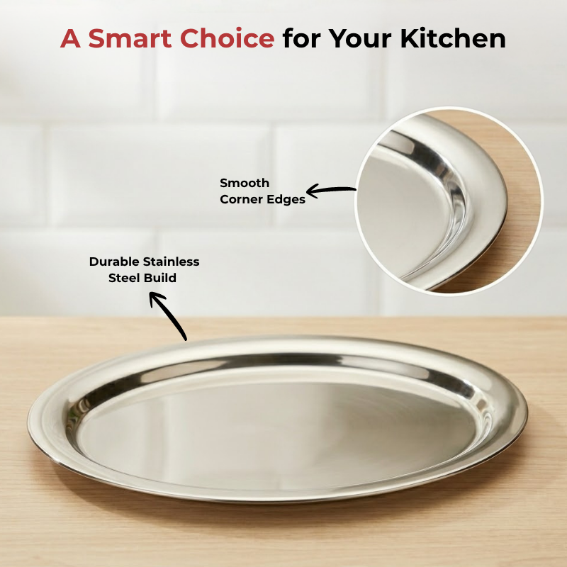 VINOD Stainless Steel Round Service Tray with Highest Grade Steel, Mirror Finish, Strong & Durable, Dishwasher Safe, Rust Free