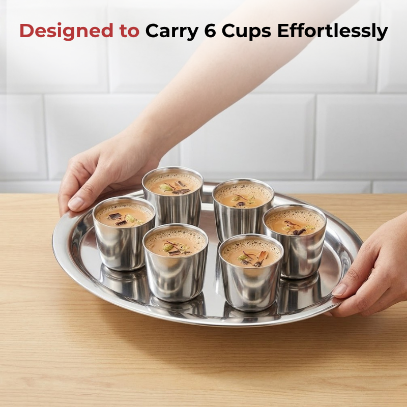 VINOD Stainless Steel Round Service Tray with Highest Grade Steel, Mirror Finish, Strong & Durable, Dishwasher Safe, Rust Free