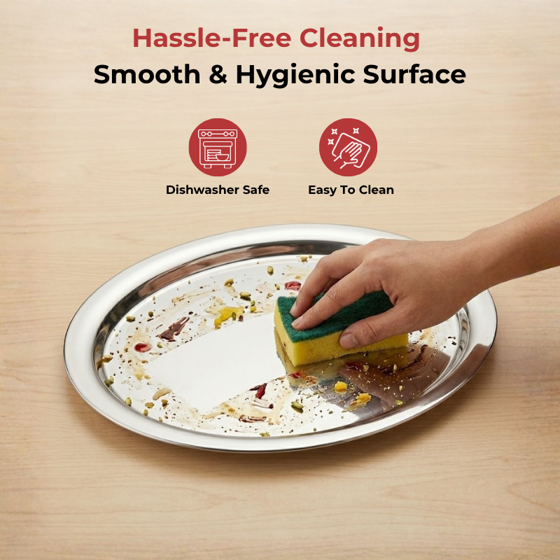 VINOD Stainless Steel Round Service Tray with Highest Grade Steel, Mirror Finish, Strong & Durable, Dishwasher Safe, Rust Free
