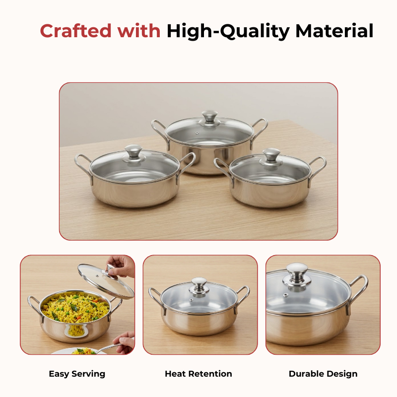 Vinod stainless steel Elite bowl 3 pcs set with glass lids & side handles, feature panel