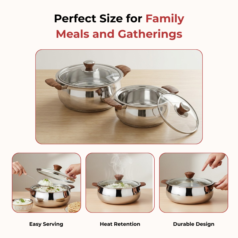 Vinod stainless steel Aroma insulated casserole set of 2, 750 ml and 1250 ml, safer and faster cooking graphic