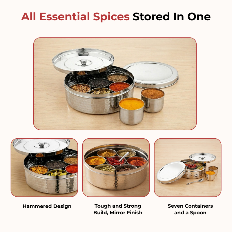 Vinod Hammered Stainless Steel Masala Dabba / Spice Box with 7 Containers, product view 8