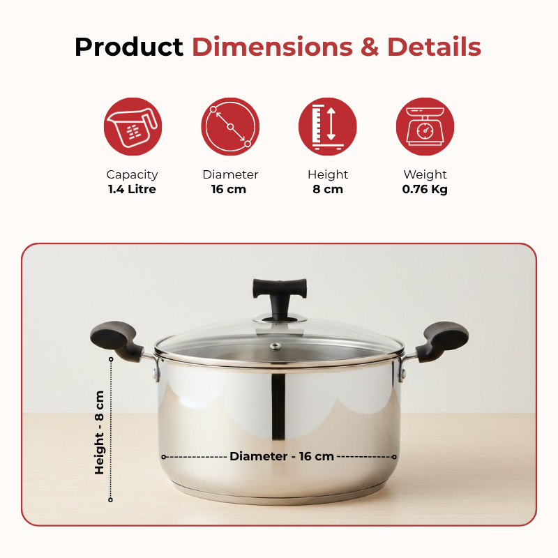 VINOD – DONIV Stainless Steel Sandwich Bottom Solitaire Sauce Pot With Glass Lid Set of 2 Pcs – 16 cm & 18 cm. (1.4 Ltr & 2.4 Ltr)