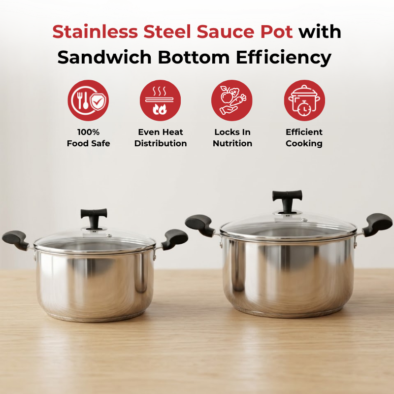 VINOD – DONIV Stainless Steel Sandwich Bottom Solitaire Sauce Pot With Glass Lid Set of 2 Pcs – 16 cm & 18 cm. (1.4 Ltr & 2.4 Ltr)