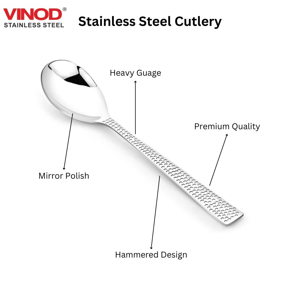Vinod Aero hammered stainless steel dessert spoon set of 12, mirror finish, angled view