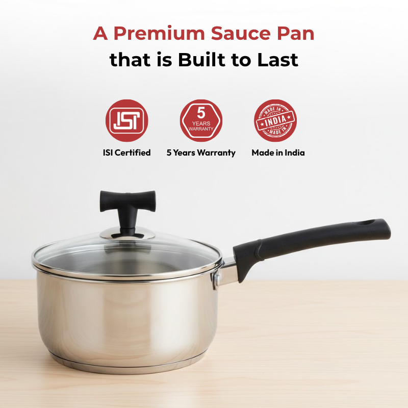 VINOD – DONIV Stainless Steel Sandwich Bottom Solitaire Sauce Pan with Glass Lid – Induction Friendly – Capacity 1.1 Ltr (14cm)