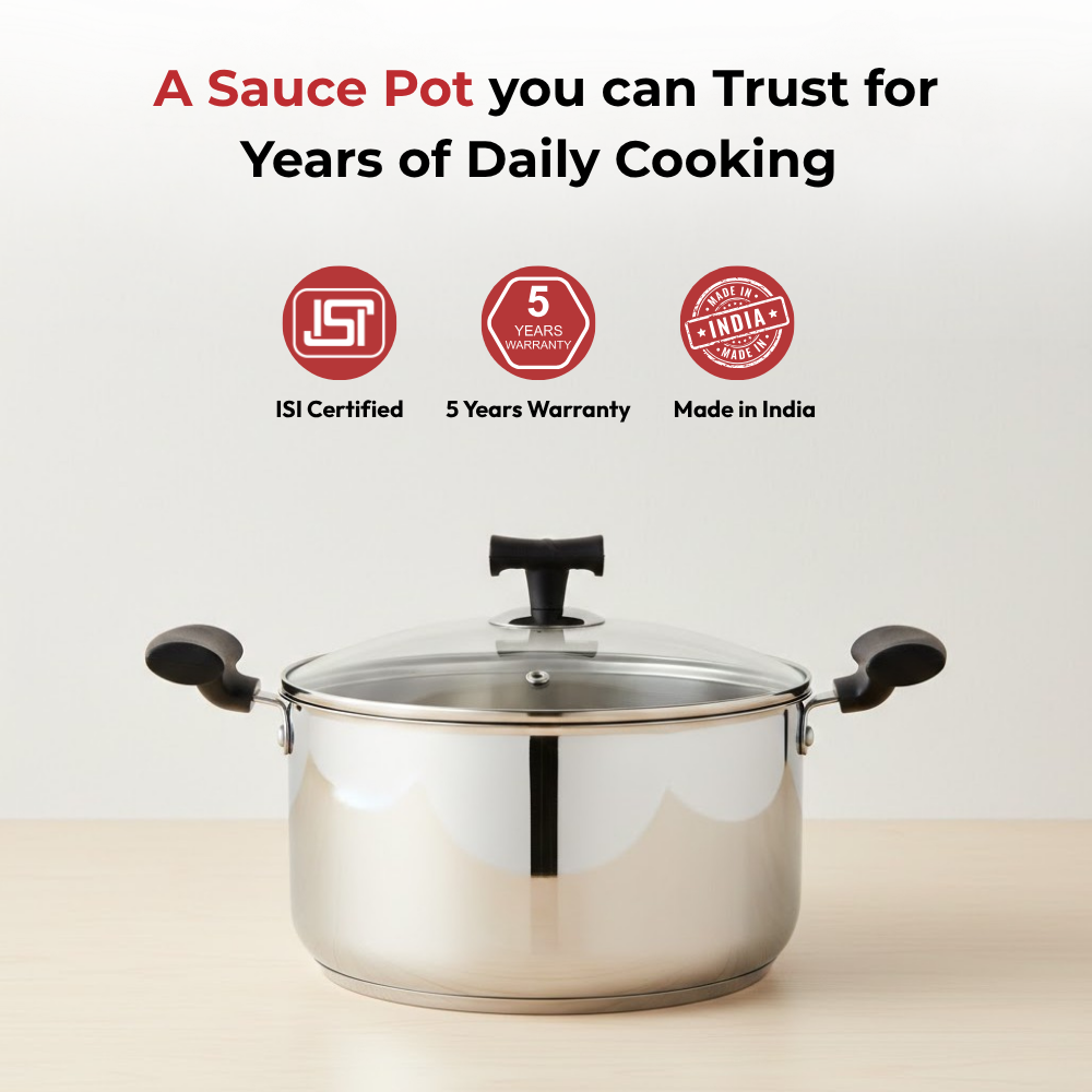Vinod Doniv Stainless Steel Sandwich Bottom Solitaire Sauce Pot with Glass Lid & Side handle, angled view