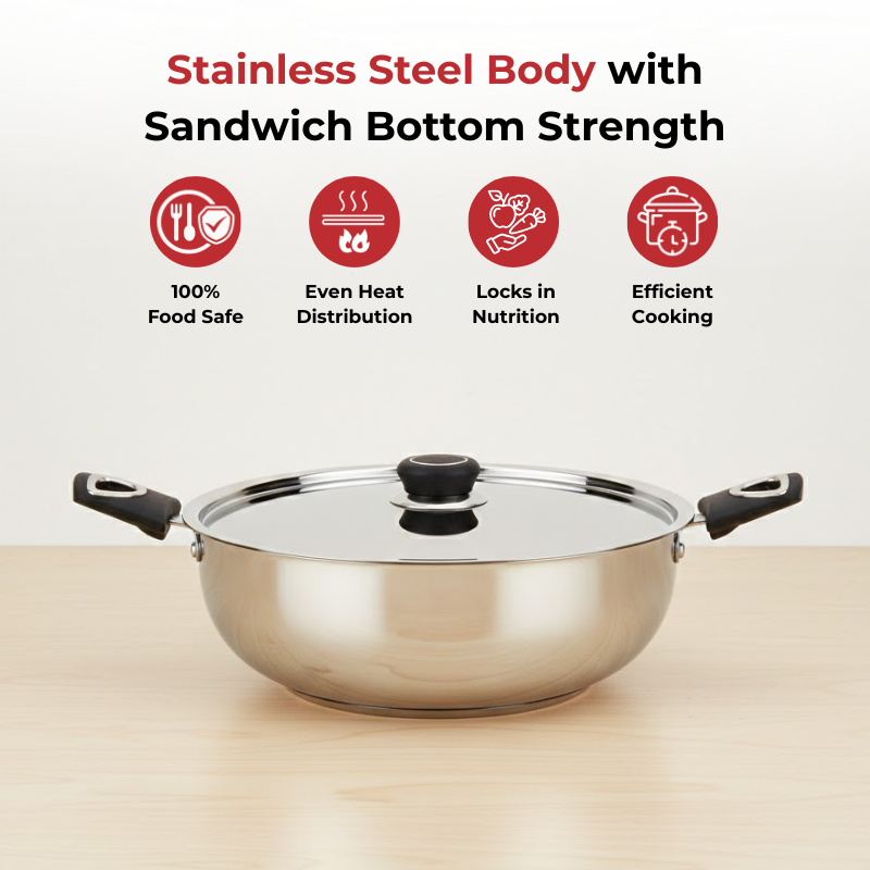 Vinod Doniv Stainless Steel Sorrento Sandwich Bottom Kadai with Lid, angled view