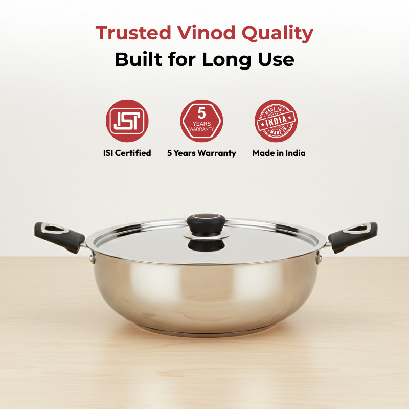 Vinod Doniv Stainless Steel Sorrento Sandwich Bottom Kadai with Lid, close-up detail