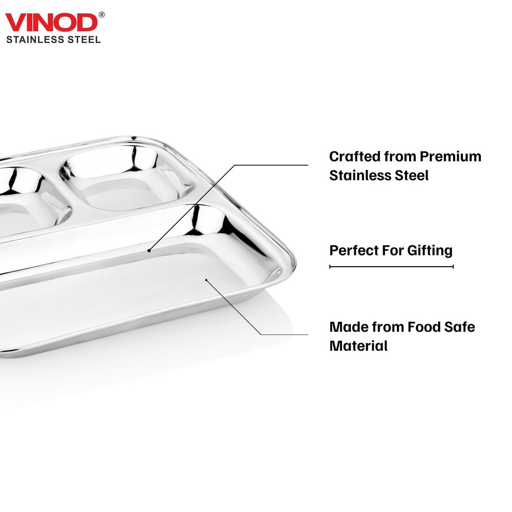 Vinod stainless steel 3 compartment pav bhaji plate with square edges, pack of 2, close-up detail
