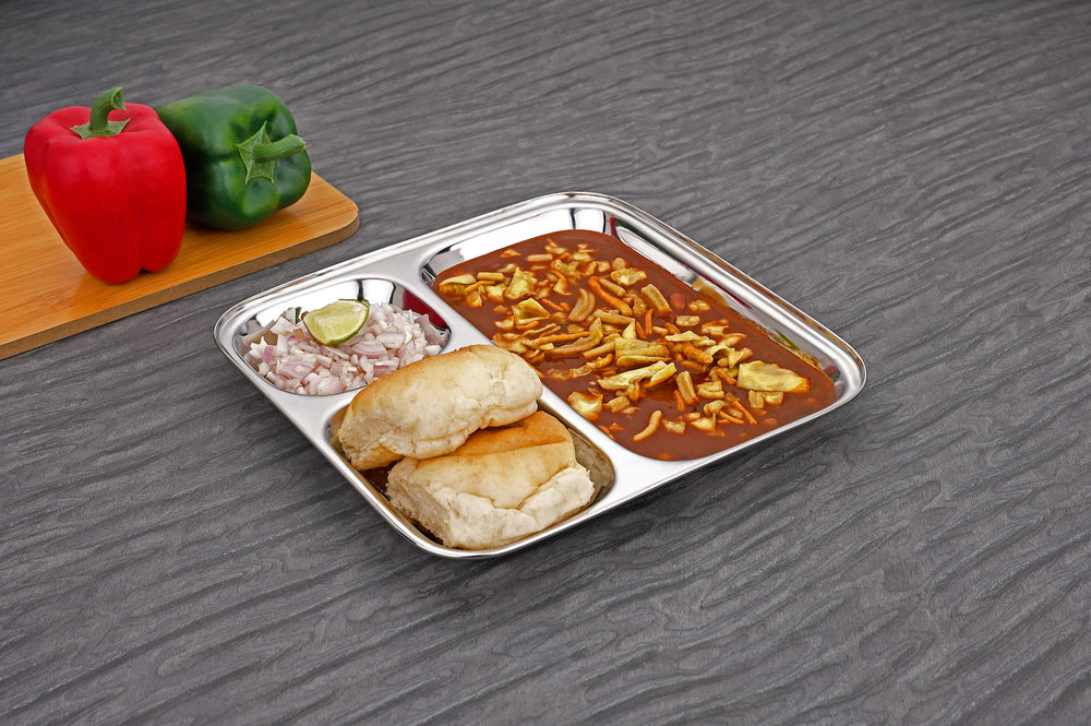 Vinod stainless steel 3 compartment pav bhaji plate with square edges, pack of 2, full set group shot