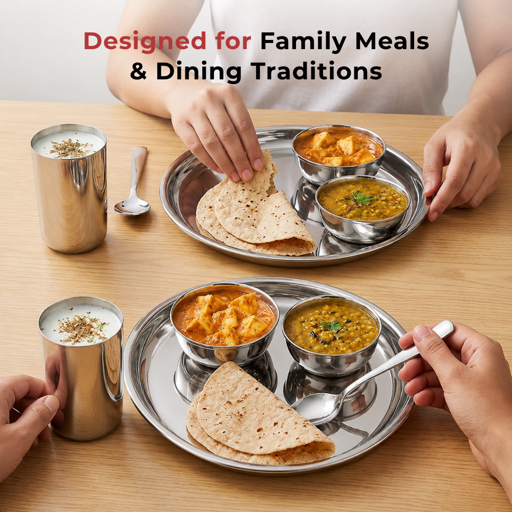 Two stainless steel Indian family-style dinner plates on a wooden table, each holding two bowls of curry, a cup of raita, flatbread, and a spoon. Hands are visible serving or eating, with the text 'Designed for Family Meals & Dining Traditions' at the top.