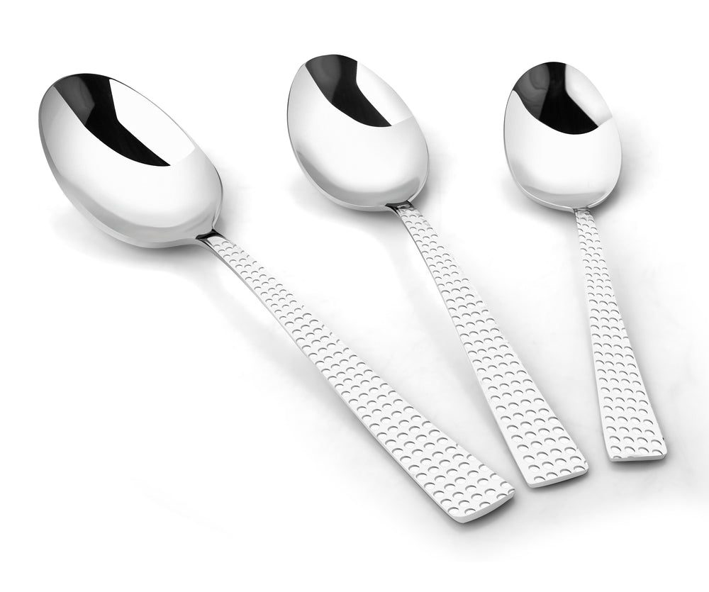 Vinod Aero hammered stainless steel baby spoon set of 12, mirror polish, in-use view