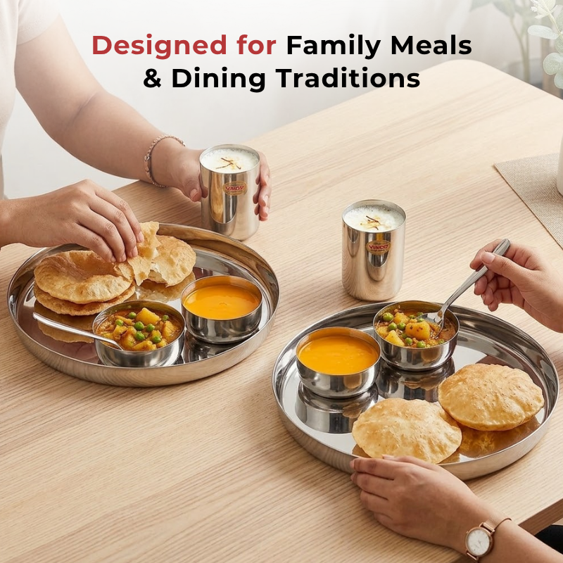 VINOD Stainless Steel Traditional Thali 5 Piece Set - 1 Pc Plate, 2 Pcs Vati, 1 Pc Glass & 1 Pc Spoon, Highest Grade Stainless Steel, Dishwasher Safe, Rust Free