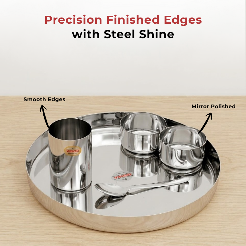 VINOD Stainless Steel Traditional Thali 5 Piece Set - 1 Pc Plate, 2 Pcs Vati, 1 Pc Glass & 1 Pc Spoon, Highest Grade Stainless Steel, Dishwasher Safe, Rust Free