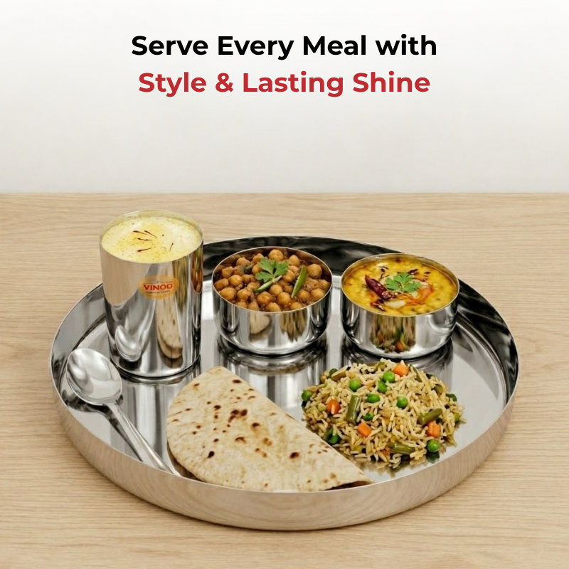 VINOD Stainless Steel Traditional Thali 5 Piece Set - 1 Pc Plate, 2 Pcs Vati, 1 Pc Glass & 1 Pc Spoon, Highest Grade Stainless Steel, Dishwasher Safe, Rust Free