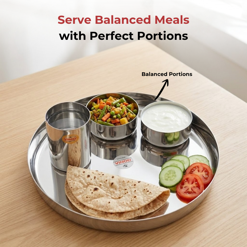 VINOD Stainless Steel Traditional Thali 5 Piece Set - 1 Pc Plate, 2 Pcs Vati, 1 Pc Glass & 1 Pc Spoon, Highest Grade Stainless Steel, Dishwasher Safe, Rust Free