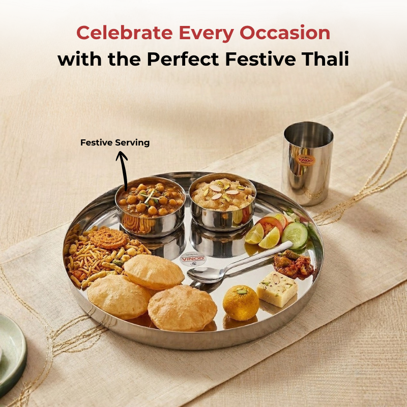 VINOD Stainless Steel Traditional Thali 5 Piece Set - 1 Pc Plate, 2 Pcs Vati, 1 Pc Glass & 1 Pc Spoon, Highest Grade Stainless Steel, Dishwasher Safe, Rust Free