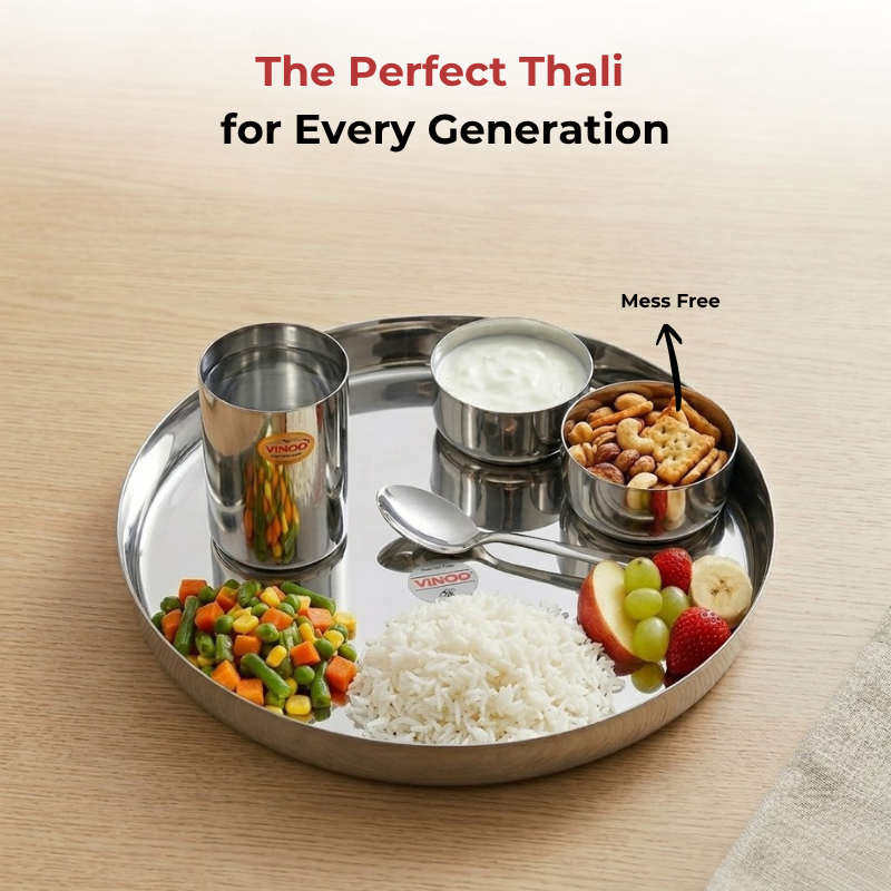 VINOD Stainless Steel Traditional Thali 5 Piece Set - 1 Pc Plate, 2 Pcs Vati, 1 Pc Glass & 1 Pc Spoon, Highest Grade Stainless Steel, Dishwasher Safe, Rust Free