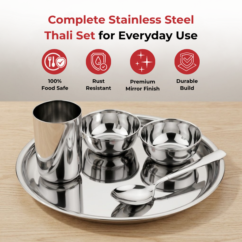 VINOD Stainless Steel Trendy Thali 5 Piece Set - 1 Pc Plate, 2 Pcs Bowl, 1 Pc Glass & 1 Pc Spoon, High Grade Stainless Steel, Mirror Finish, Rust Free