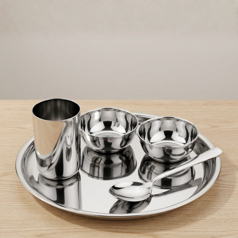 VINOD Stainless Steel Trendy Thali 5 Piece Set - 1 Pc Plate, 2 Pcs Bowl, 1 Pc Glass & 1 Pc Spoon, High Grade Stainless Steel, Mirror Finish, Rust Free