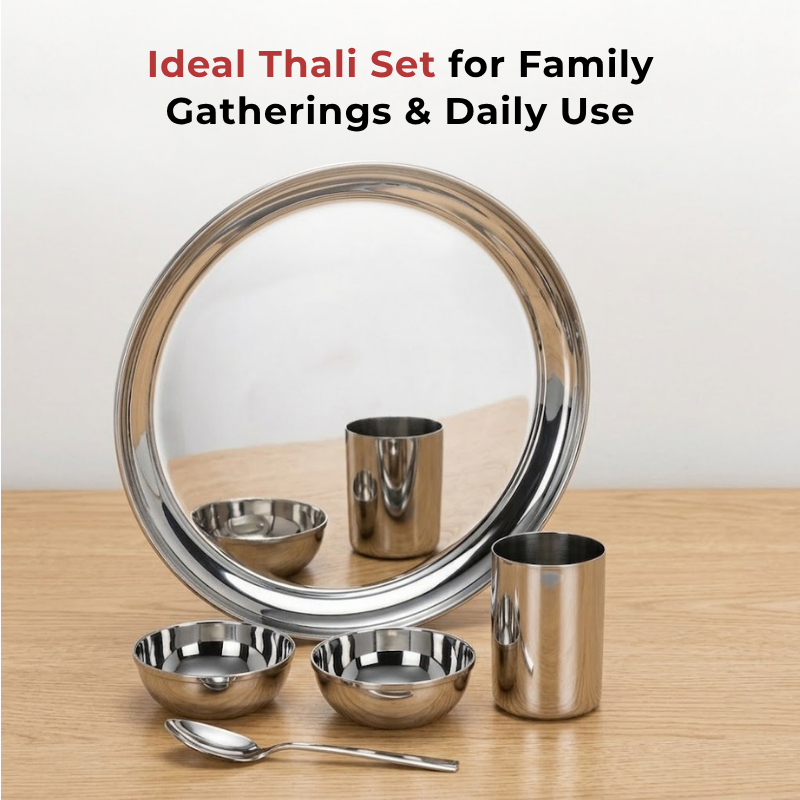 VINOD Stainless Steel Trendy Thali 5 Piece Set - 1 Pc Plate, 2 Pcs Bowl, 1 Pc Glass & 1 Pc Spoon, High Grade Stainless Steel, Mirror Finish, Rust Free