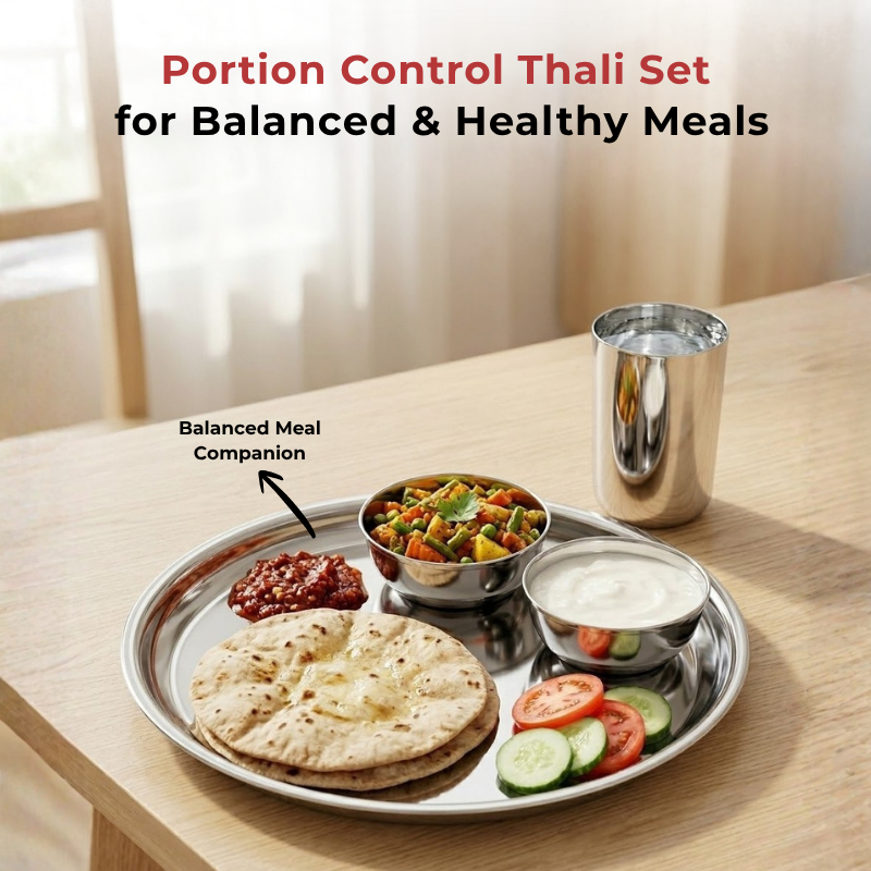 VINOD Stainless Steel Trendy Thali 5 Piece Set - 1 Pc Plate, 2 Pcs Bowl, 1 Pc Glass & 1 Pc Spoon, High Grade Stainless Steel, Mirror Finish, Rust Free