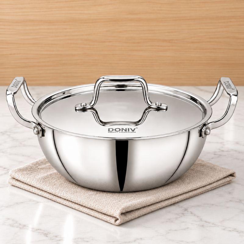 VINOD DONIV Titanium Triply Stainless Steel Deep Kadai with Lid 22 cm, 2.4 L – For Frying, Curries & Gravies
