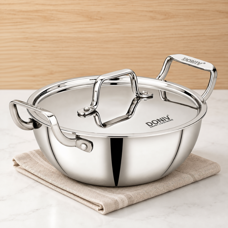 VINOD DONIV Titanium Triply Stainless Steel Deep Kadai with Lid 22 cm, 2.4 L – For Frying, Curries & Gravies