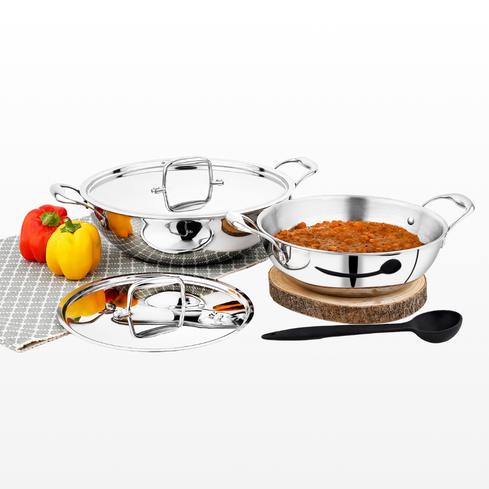 Vinod Doniv titanium triply kadhai, set of two, capacity 3.3 litre & 5 litre (26cm & 30cm), triply bonded base detail
