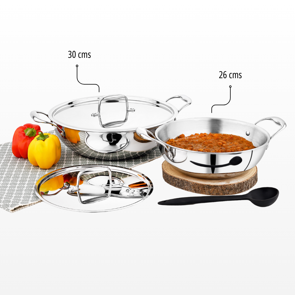 Vinod Doniv titanium triply stainless steel kadhai, set of two, capacity 3.3 litre & 5 litre (26cm & 30cm), top view