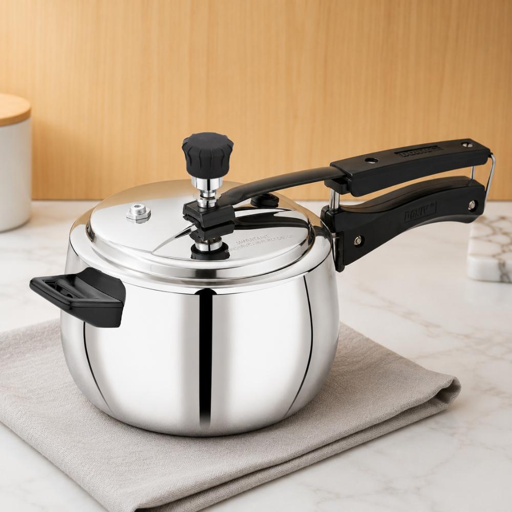 Vinod Doniv Titanium Triply stainless steel pressure cooker with inner lid, 5 litre, front view