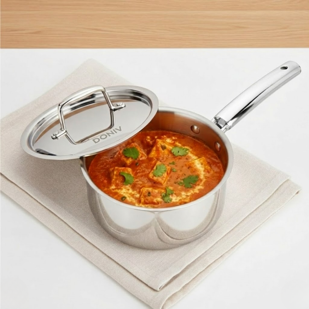 Vinod Doniv Titanium Triply Stainless Steel Sauce Pan with Cover 14 cm, 1 Liter, top view