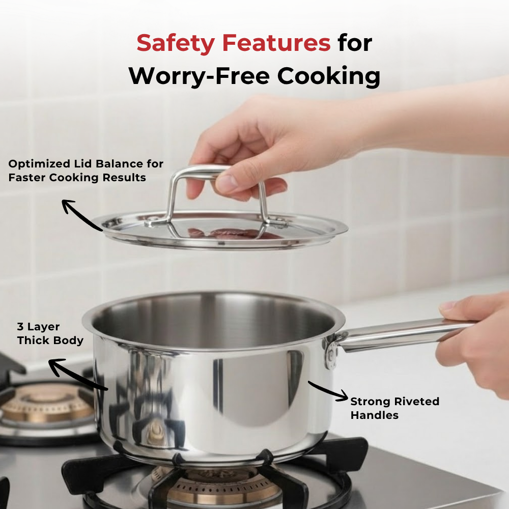 Vinod Doniv Titanium Triply Stainless Steel Sauce Pan with Cover 14 cm, 1 Liter, in-use view