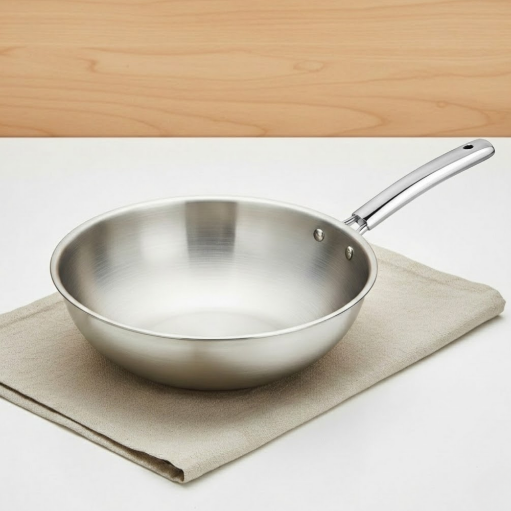 Vinod Doniv Titanium Triply Stainless Steel Wok 26 cms, 3.30 Liter, side view