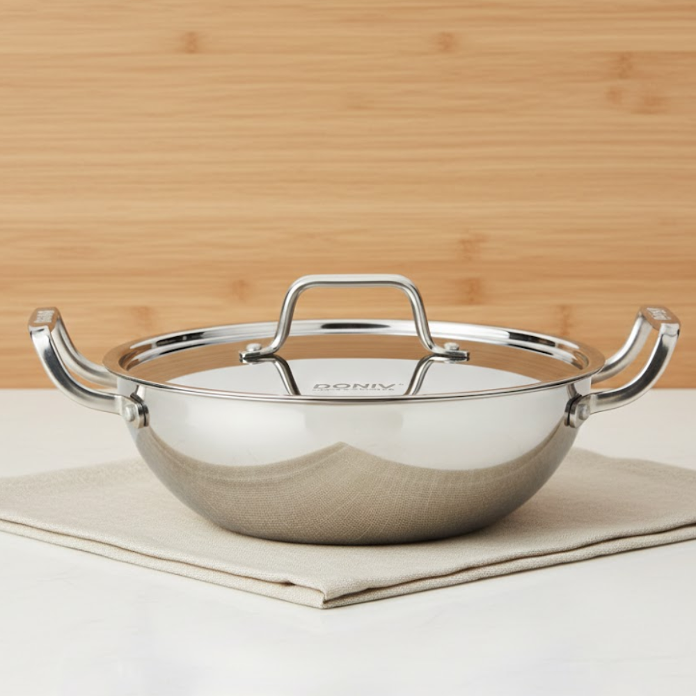 Vinod Doniv Triply Kadai with Lid for Cooking Heavy Bottom Deep Kadhai Pan with Side Handles, side view