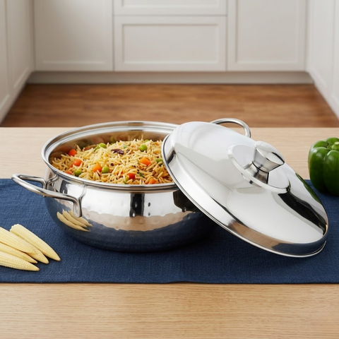 Vinod Stainless Steel Milano Hammered Serving Casserole with Steel Lid & Side Handles, front view