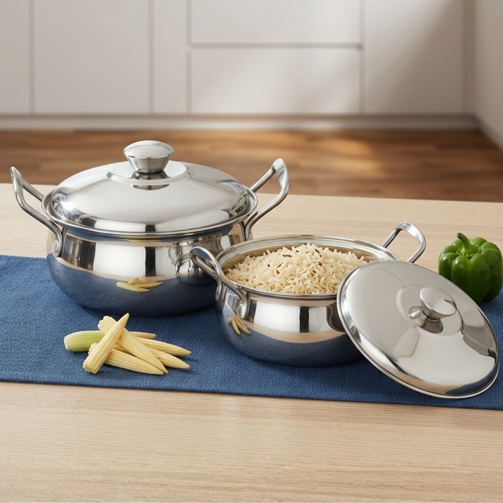 Vinod stainless steel milano serving casserole with steel lid & side handle, set of 2, 1230 ml & 1630 ml, front view