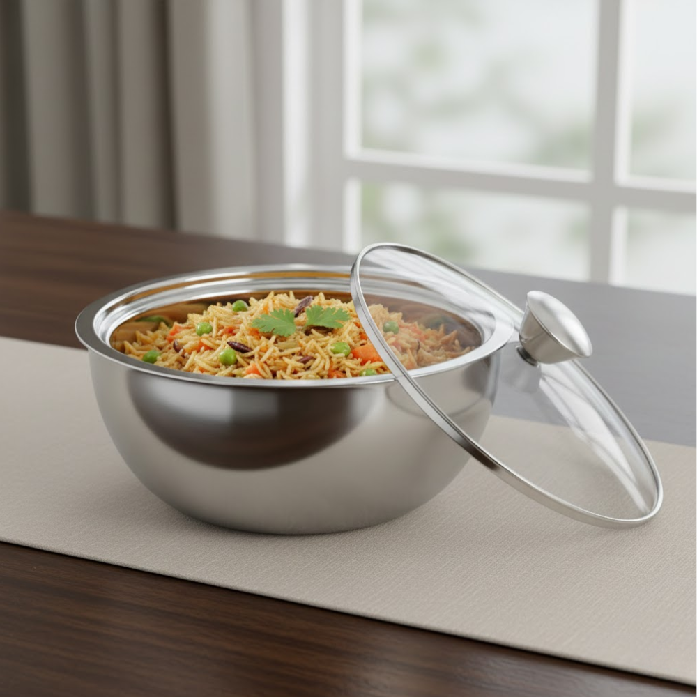 Vinod Stainless Steel Montero Insulated Casserole with Glass Lid & Steel Knob, side view